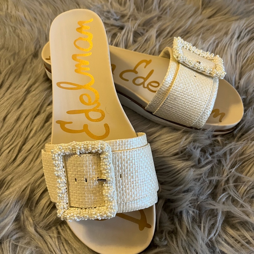 Sam Edelman Cream Slide Sandals with Beaded Buckle